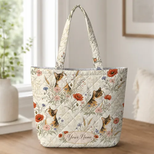Vintage Calico Cats And Poppies For Farmers Market Days, Beach Trips And Cat Lovers Quilted Tote Bag