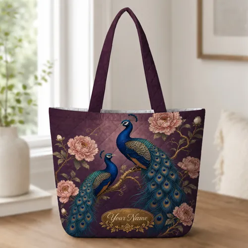 Blue Peacock And Peony Floral Gift For Elegant Travel, Shopping And Everyday Carry Quilted Tote Bag