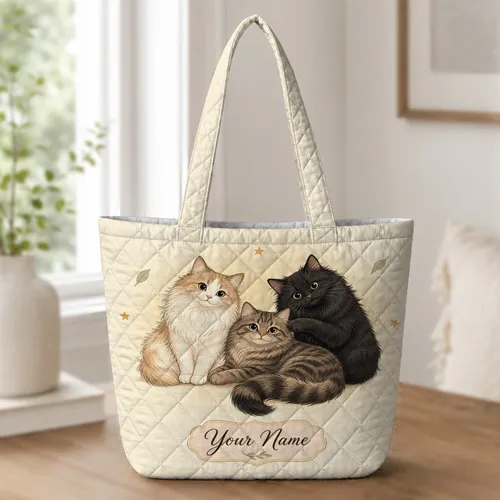 Three Fluffy Cats Name Gift for Cat Lovers Weekend Travel Shopping and Daily Errands Quilted Tote Bag