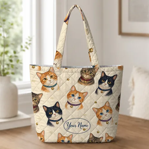 Hand Painted Cat Portraits For Everyday Errands, Travel, And Gifts For Cat Lovers Quilted Tote Bag