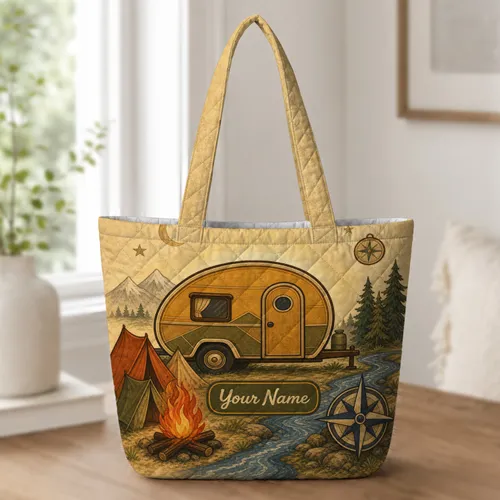 Retro Camping Trailer Campfire Compass For Road Trips And Outdoor Adventure Lovers Quilted Tote Bag