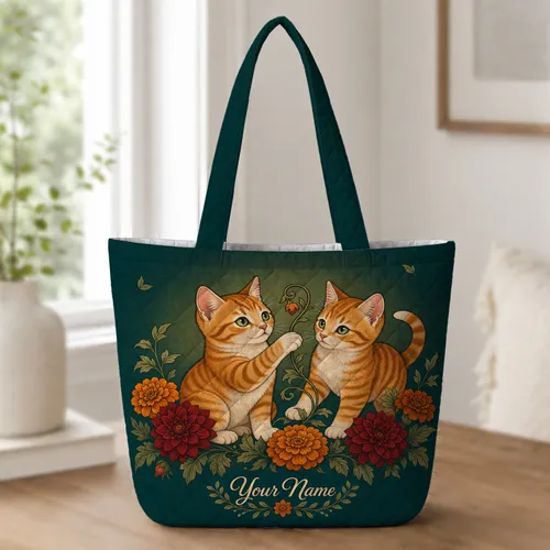 Orange Tabby Kittens And Autumn Flowers For Garden Lovers And Fall Gift Giving Season Quilted Tote Bag