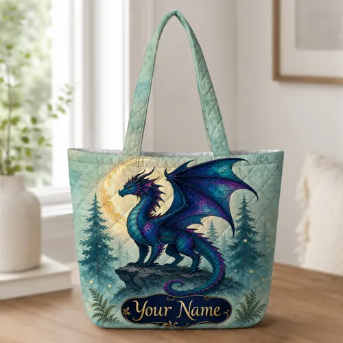 Teal Dragon Crescent Moon Forest Name Gift For Fantasy Lovers And Weekend Adventures Quilted Tote Bag