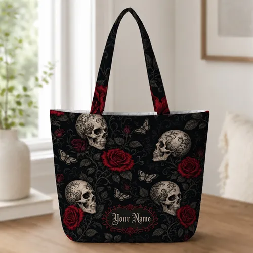 Gothic Skull And Red Rose Botanicals For Travel, Gym, Yoga, And Everyday Adventures Quilted Tote Bag