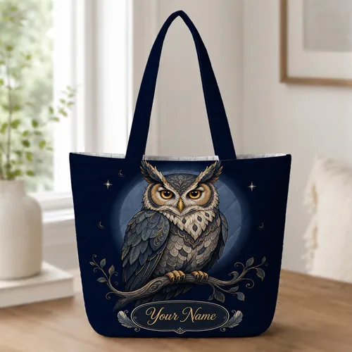 Great Horned Owl On Moonlit Branch Celestial Birthday Gift For Night Bird Enthusiasts Quilted Tote Bag
