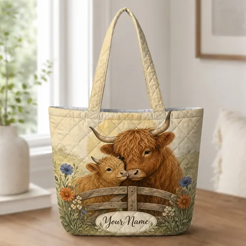 Highland Cow Mother And Calf With Wildflowers For Rustic Travel And Everyday Carry Quilted Tote Bag