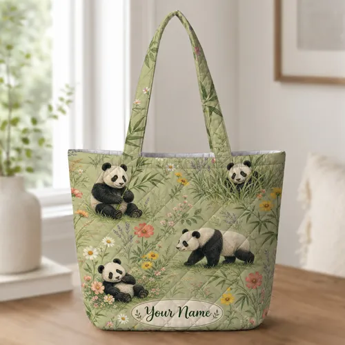 Panda Wildflower Meadow Travel Carryall for Work Commutes and Busy Daily Errands Quilted Tote Bag