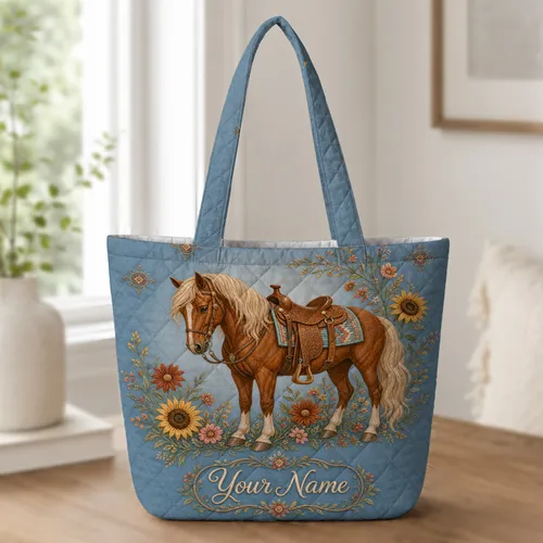 Chestnut Western Horse With Autumn Wildflowers For Cowgirl Ranch Travel And Everyday Style Quilted Tote Bag