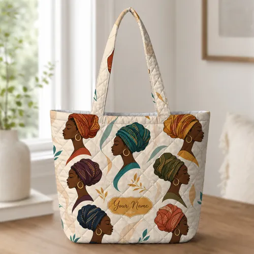 Bohemian African Women Headwrap Portraits For Weekend Travel, Gym And Everyday Carry Quilted Tote Bag