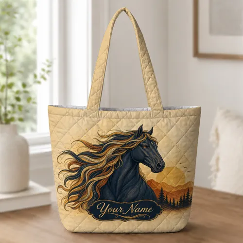 Majestic Horse Sunset Western Travel Accessory For Equestrian Beach Gym Adventures Quilted Tote Bag