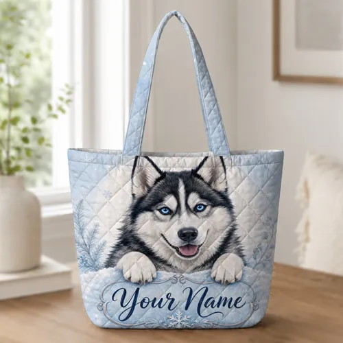 Blue Eyed Siberian Husky Snow Scene Gift For Dog Lovers Winter Travel And Shopping Quilted Tote Bag