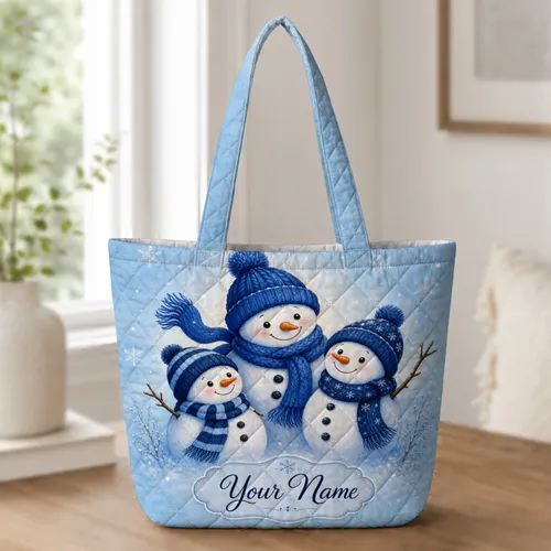 Three Snowmen Winter Holiday Shopping And Travel Gift For Women With Blue Knit Hats Quilted Tote Bag