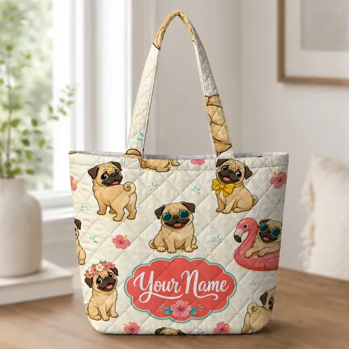 Playful Pug Flamingo Sunglasses Beach Day Shopping Gift For Dog Moms And Travelers Quilted Tote Bag