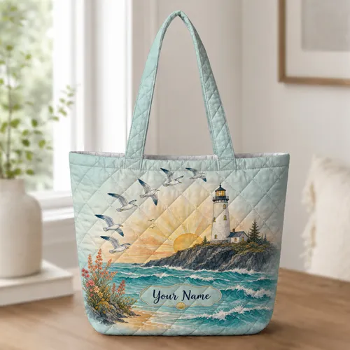 Lighthouse Seagull Ocean Scene For Beach Trips, Coastal Travel And Daily Carry For Women Quilted Tote Bag