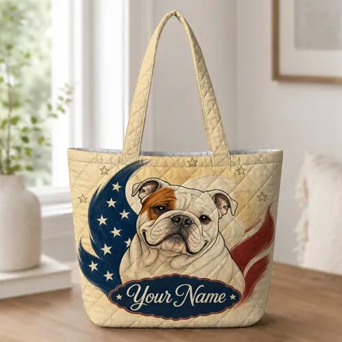 Patriotic English Bulldog Stars And Ribbons For Daily Commutes And Weekend Travel Quilted Tote Bag