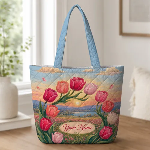 Pink Tulip Field Sunset Countryside For Spring Travel, Market Days And Garden Lovers Quilted Tote Bag