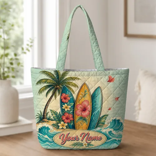 Tropical Surfboards Hibiscus Palm And Ocean Waves For Beach Travel And Resort Getaways Quilted Tote Bag