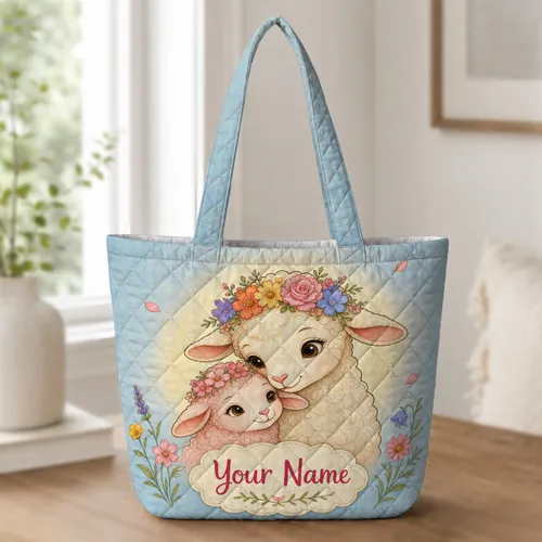 Floral Mother And Baby Lamb Spring Gift For Farmhouse Lovers And Easter Celebrations Quilted Tote Bag