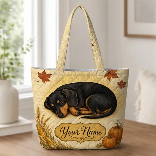 Sleeping Dachshund With Pumpkins for Cozy Fall Outings and Dog Mom Harvest Gifts Quilted Tote Bag