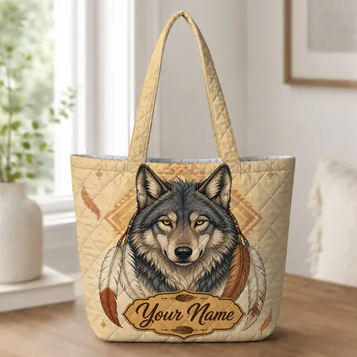 Boho Wolf With Feathers Southwest Style Gift for Nature Lovers and Daily Adventures Quilted Tote Bag