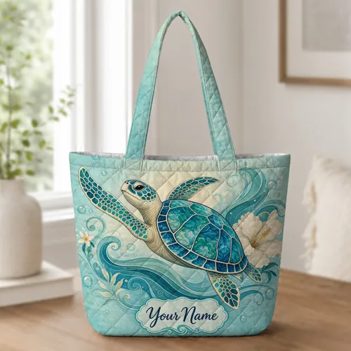 Sea Turtle Ocean Waves And Flowers For Beach Travel, School And Daily Beach Outings Quilted Tote Bag