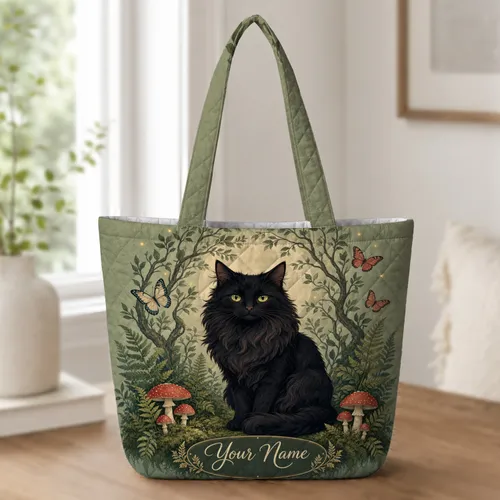 Black Cat Forest Mushrooms And Butterflies For Book Shopping And Daily Carry Needs Quilted Tote Bag