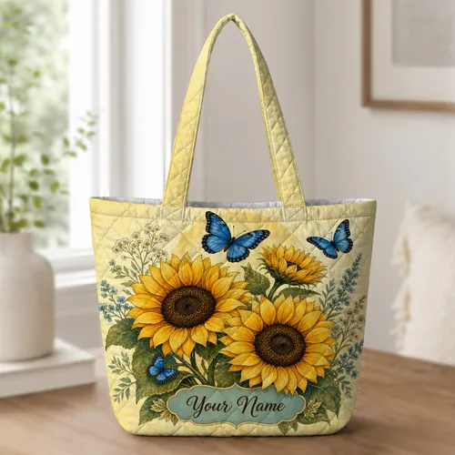 Golden Sunflowers And Blue Butterflies For Late Summer Travel And Garden Enthusiasts Quilted Tote Bag