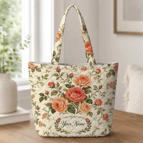 Vintage Coral Rose Floral Carryall For Daily Shopping, Work, And Thoughtful Gift Giving Quilted Tote Bag