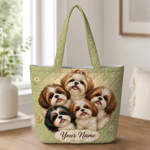 Five Shih Tzu Dogs With Name Label For Everyday Gifts, Shopping And Shih Tzu Moms Quilted Tote Bag