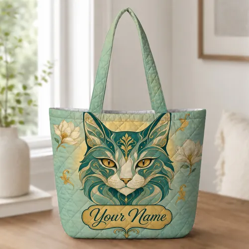 Art Nouveau Cat Face With Gold Magnolia Details For Daily Errands And Cat Lovers Quilted Tote Bag