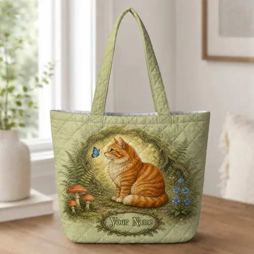 Ginger Tabby Cat With Blue Butterfly Woodland Gift For Book Lovers And Cat Moms Quilted Tote Bag