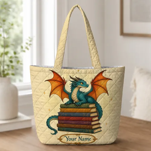 Teal Blue Dragon On Storybooks For Library Days, Bookstore Trips And Fantasy Readers Quilted Tote Bag