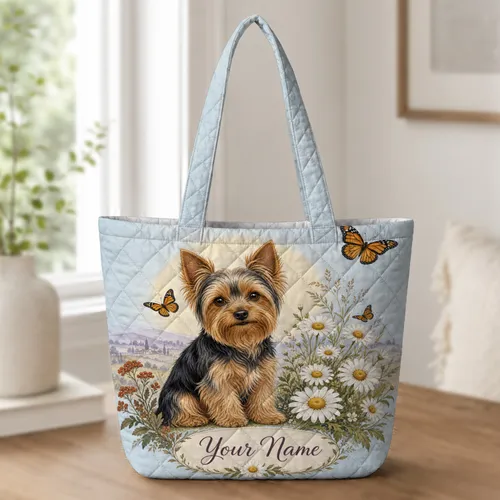 Yorkshire Terrier Daisies And Monarch Butterflies For Everyday Travel Gifts For Dog Moms Quilted Tote Bag