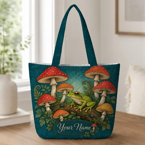 Tree Frog And Mushroom Woodland For Cottagecore Nature Lovers, Travel And Daily Carry Quilted Tote Bag