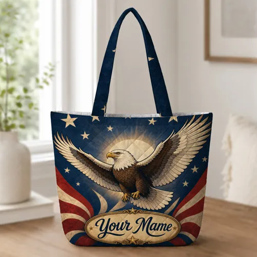 Patriotic Bald Eagle With Stars For Independence Day Travel And Everyday Carry Gifts Quilted Tote Bag