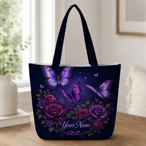 Purple Butterfly Roses Moonlit Garden Gift For Women Daily Style And Commuting Use Quilted Tote Bag