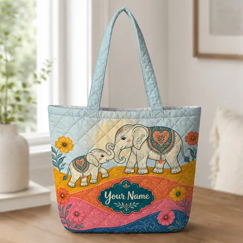 Colorful Bohemian Elephant Family For Travel, Gym, And Weekend Getaways For Women Quilted Tote Bag