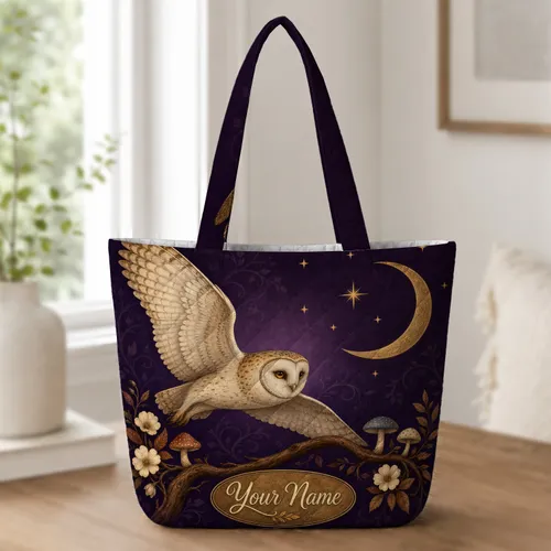 Barn Owl And Crescent Moon Woodland Scene For Everyday Travel, Shopping And Market Days Quilted Tote Bag