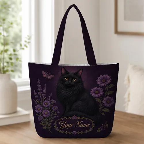Black Cat And Violet Florals For Gothic Book Lovers, Workdays And Everyday Essentials Quilted Tote Bag