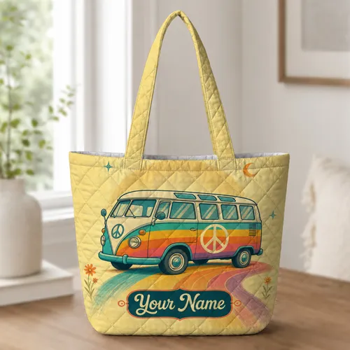 Retro Rainbow Camper Van Peace Sign For Road Trips, Festivals And Hippie Style Lovers Quilted Tote Bag