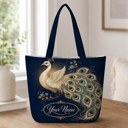 Vintage Ivory Peacock With Teal Tail For Elegant Travel, Work, And Everyday Carry Quilted Tote Bag
