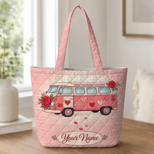 Pink Rose Camper Van Hearts For Romantic Travel And Valentine's Day Gifts For Her Quilted Tote Bag