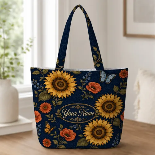 Sunflower Butterfly Botanical Motifs For Beach Trips, Workdays And Garden Lovers Quilted Tote Bag
