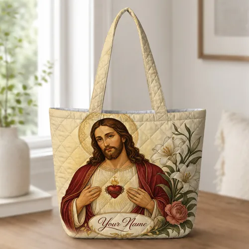 Sacred Heart Jesus With Easter Lilies For Faithful Daily Carry And Christian Gifts Quilted Tote Bag