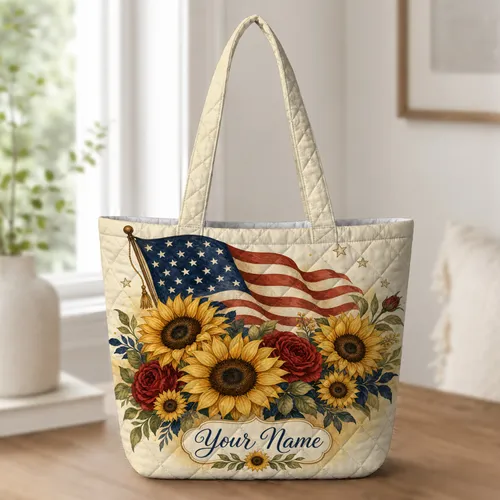 Patriotic Sunflowers And American Flag For Fourth Of July Travel Gifts For Women Quilted Tote Bag