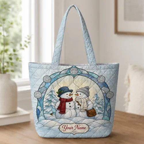 Snowman Stained Glass Winter Christmas Gift For Holiday Shopping And Festive Outings Quilted Tote Bag