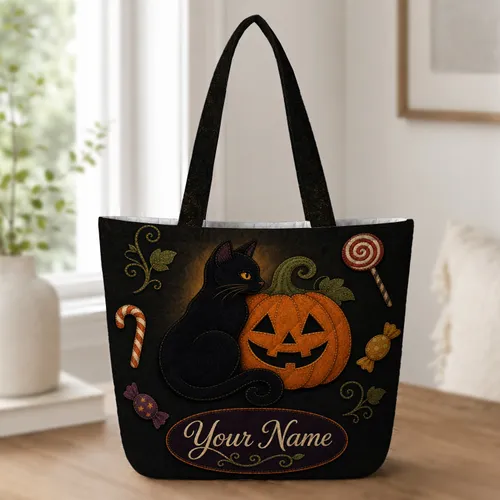 Black Cat Jack O Lantern Halloween Trick Or Treat Style For Fall Shopping And Travel Quilted Tote Bag