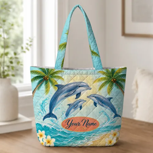 Playful Dolphins Tropical Beach Scene For Coastal Travel And Ocean Lover Gift Giving Quilted Tote Bag
