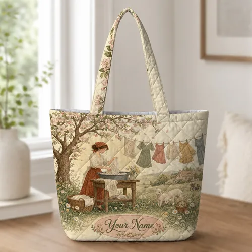 Pastoral Laundry Scene With Apple Tree For Cottagecore Travel And Everyday Carry Quilted Tote Bag