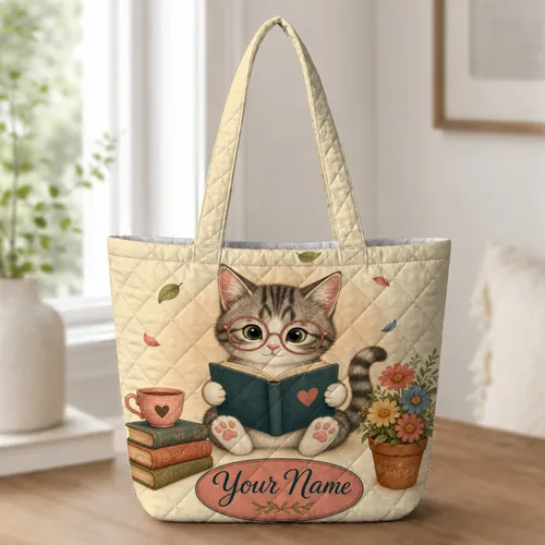 Tabby Cat With Reading Glasses Book And Flowers Cottagecore Cozy Gift For Book Lovers Quilted Tote Bag